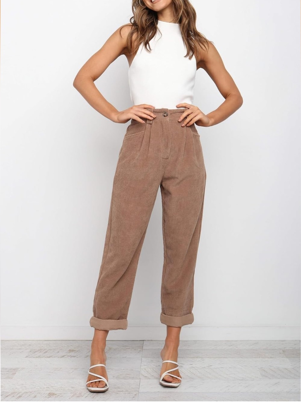 Petal & Pup Talaren Taupe High-Rise Corduroy Tapered Ankle Pants